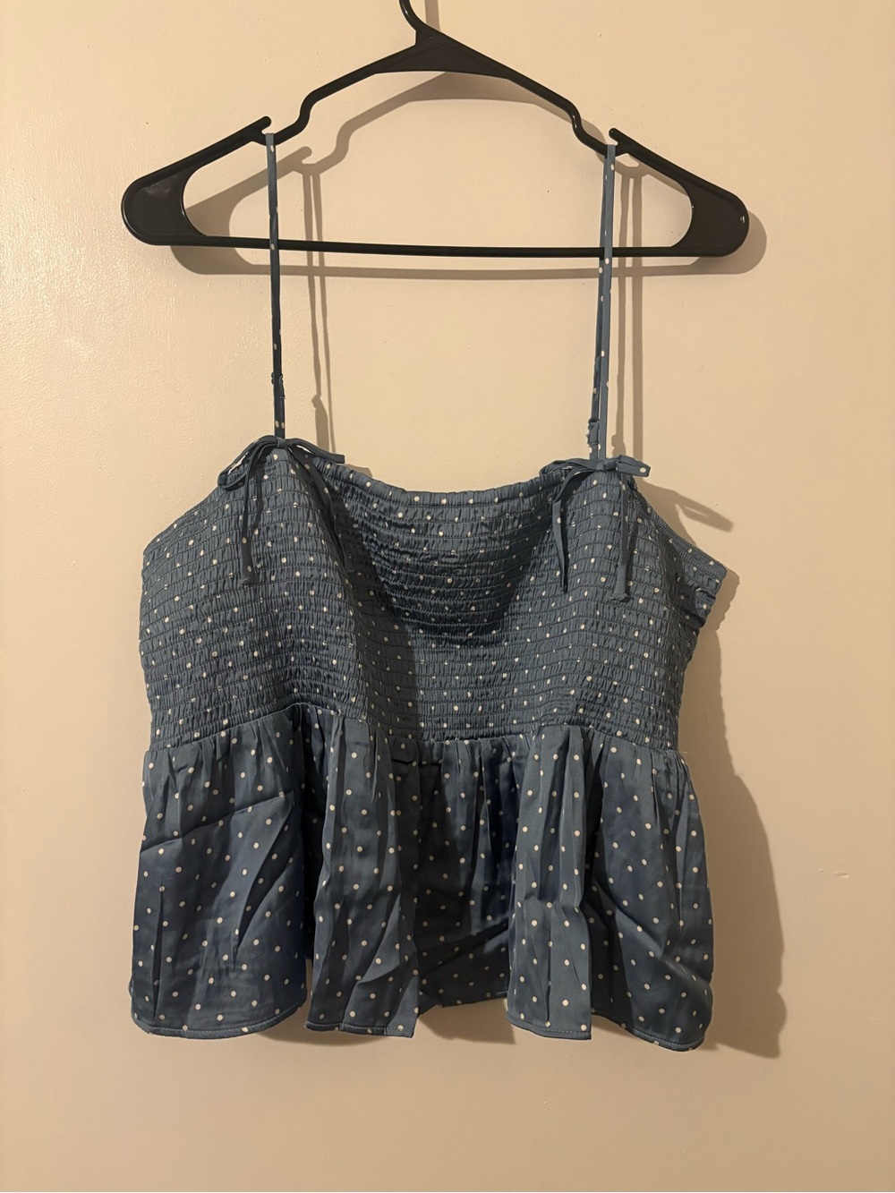 American Eagle Outfitters Silky-Blue Polka Dot Smocked Peplum Cami